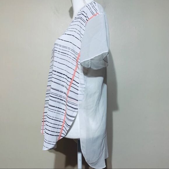 Calvin Klein Jeans Top Sheer V Neck Short Sleeved Stripes Hi Lo Blouse Small - Picture 2 of 7